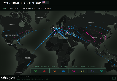 Real-time world map of cyberthreats populated by data from Kaspersky Lab’s malware detection software. Image Credit: AO Kaspersky Lab