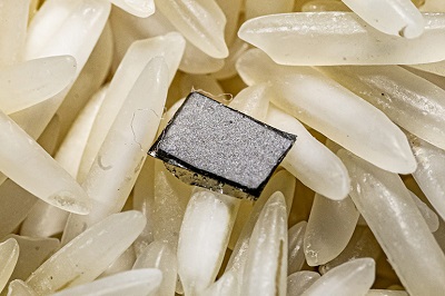 A sample of the bi-layered magnetoelectric film atop a bed of uncooked rice. Source: Jeff Fitlow/Rice University