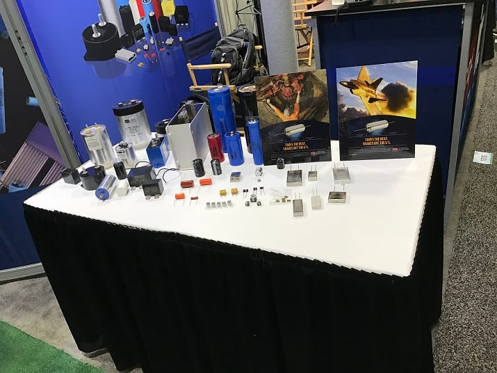 A complete collection of the capacitors and other electronic components on display at APEC 2017 from Cornell Dubiler. Source: Electronics360