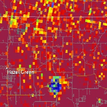 In this CC image, the blue and green pixels are where the CC is closer to zero, which could indicate debris from a tornado. Source: NWS