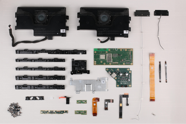 The overall components of the Amazon Echo Show 15 that includes the camera, microphone, power board, main board and other subsystems. Source: TechInsights 