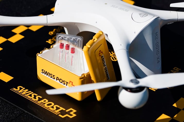 A hospital delivery drone gets ready for transport of patient samples. Source: Swiss Post 