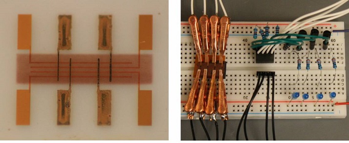 Duke University’s “spray-on” memory (upper left) could be used to build programmable electronics on materials such as paper, plastic or fabric. Source: Duke University