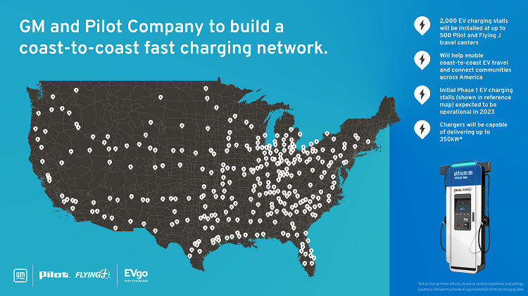 The planned locations of the EV charging stations that will be installed as part of a collaboration between GM, Pilot Company and EVgo. Source: Pilot Company