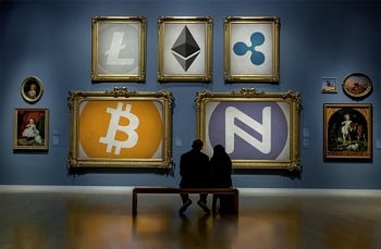A gallery of cryptocurrency symbols. Clockwise from top left: Litecoin, Ethereum, Ripple, Namecoin and bitcoin.