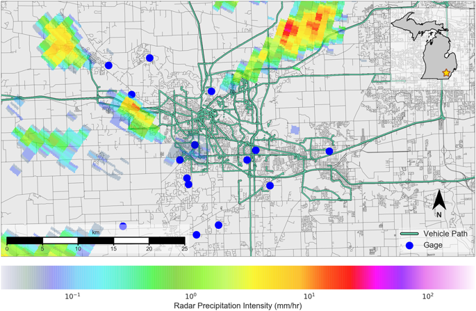 Overview of the study area on June 12, 2014. Blue circles represent rain gauges. Vehicle paths are shown as green lines, while roads are shown in gray. A radar overlay shows the average precipitation intensity as estimated by radar. Source: University of Michigan