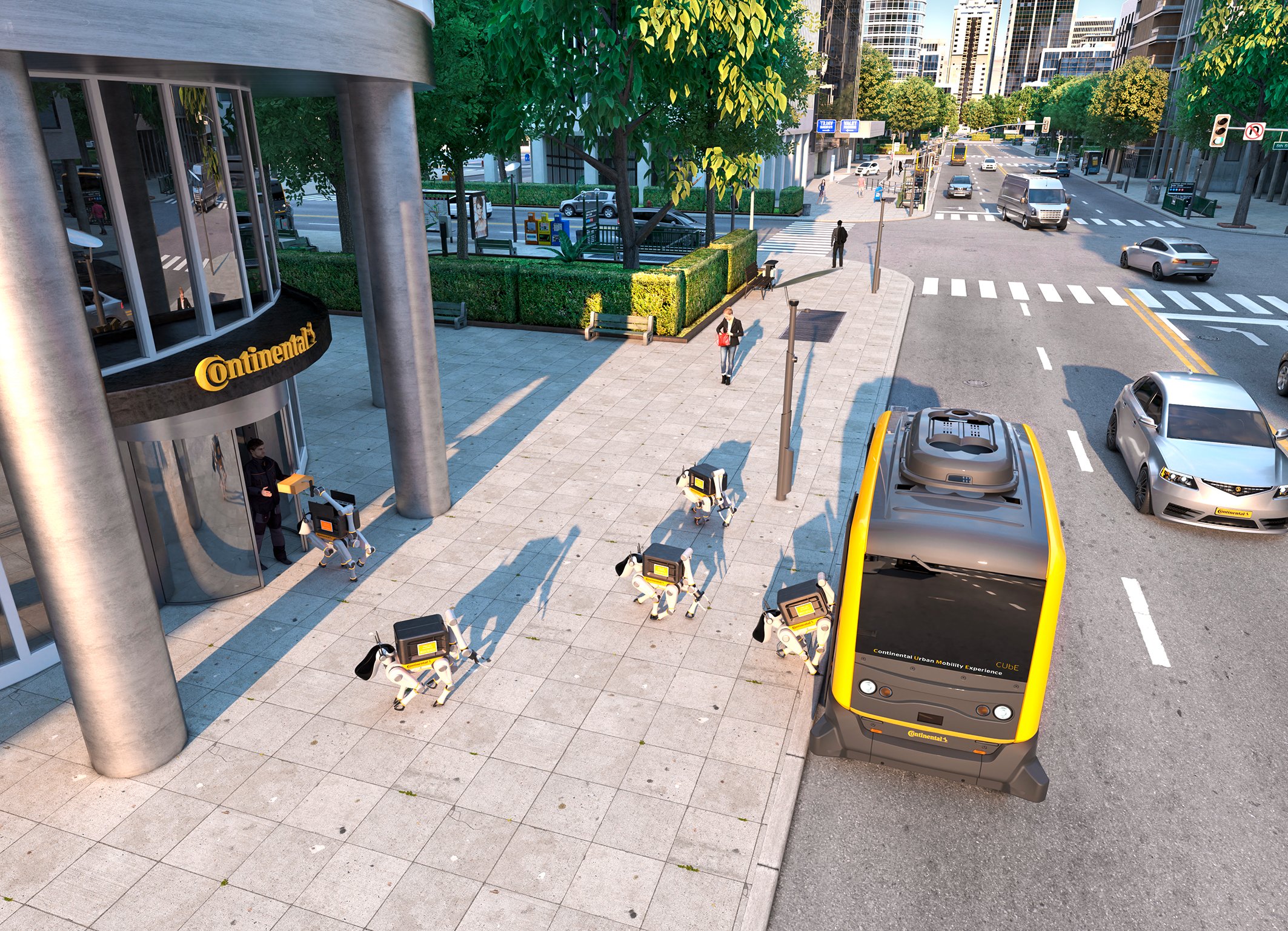 Delivery robots are dispatched from a driverless vehicle. Source: Continental