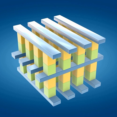 Vertical memory cell columns, made of an undisclosed material, change resistance to store data in the new 3D XPoint chips. (Source: Intel)
