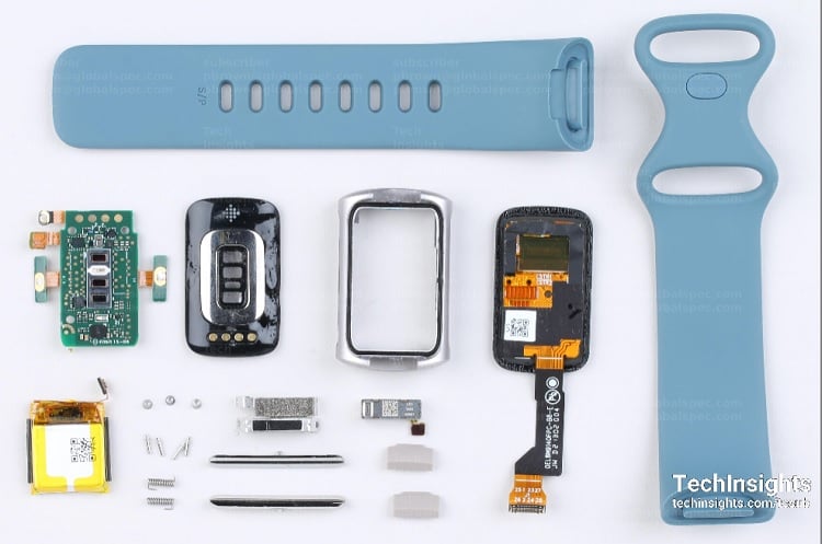 The complete components of the Fitbit Charge 5 smart band including the bands, touchscreen, electronics components and more. Source: TechInsights 