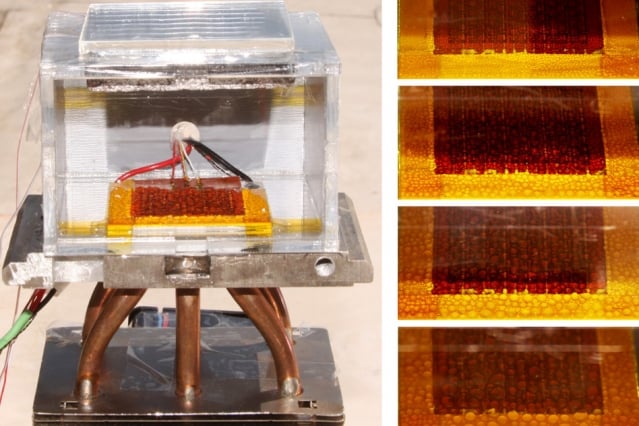 This proof-of-concept device, built at MIT, demonstrates a new system for extracting drinking water from the air. The sequence of images at right shows how droplets of water accumulate over time as the inside temperature increases while exposed to the sun. (Source: MIT)