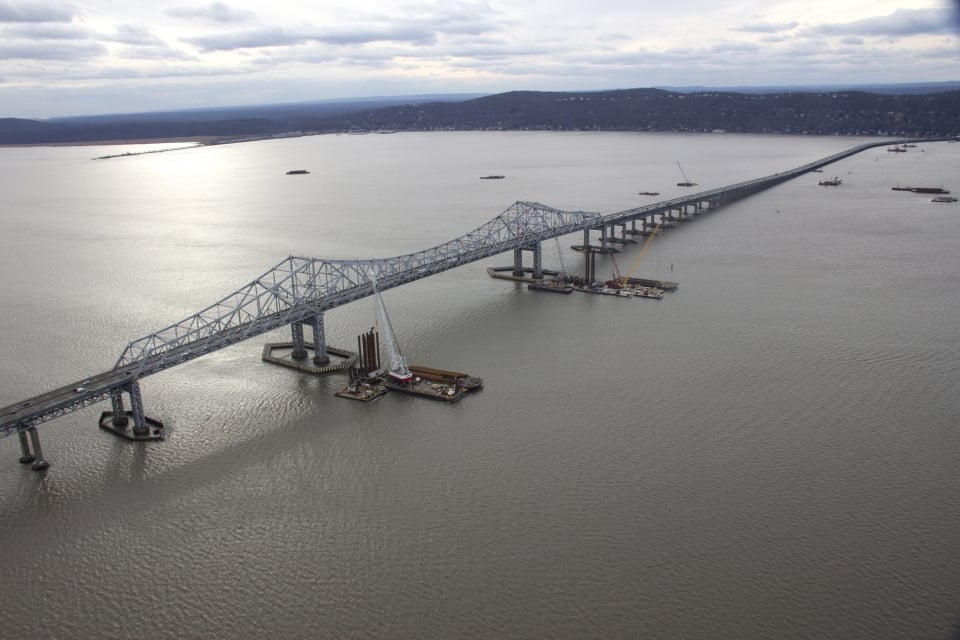 Crews install pilings for the new bridge in 2013, in the shadow of the Tappan Zee. 