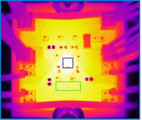 Thermal image of the ADP1763 Evaluation Board at ILOAD = 3 A, VIN = 1.5 V, VOUT = 1.3 V, TBoard = 92&deg;C. Image source: Analog Devices, Inc. 