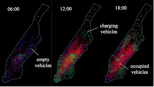 A model analyzing taxi trips provided by shared automated electric vehicles in Manhattan; blue represents an empty vehicle, green is charging, and red is occupied. Source: Berkeley Lab and UC Berkeley 