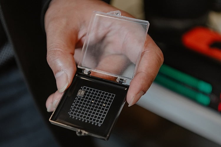 The chip, called Wi-R, would allow the human body to become an internet connector for other devices or in close contact with another person’s skin. Source: Purdue University image/Greta Bell