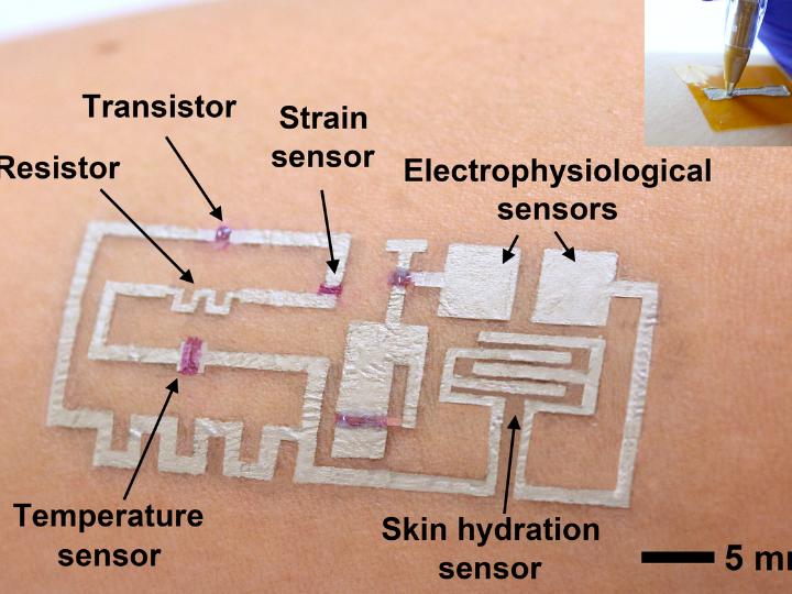 A new form of electronics known as "drawn-on-skin electronics" allows multifunctional sensors and circuits to be drawn on the skin with an ink pen. Source: University of Houston