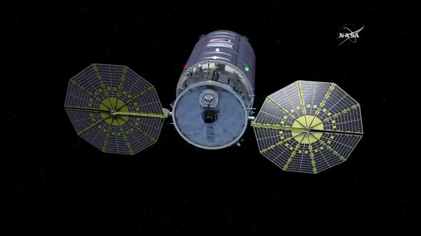 The Cygnus spacecraft with solar arrays deployed. (Computer representation) / Photo credit: NASA TV   