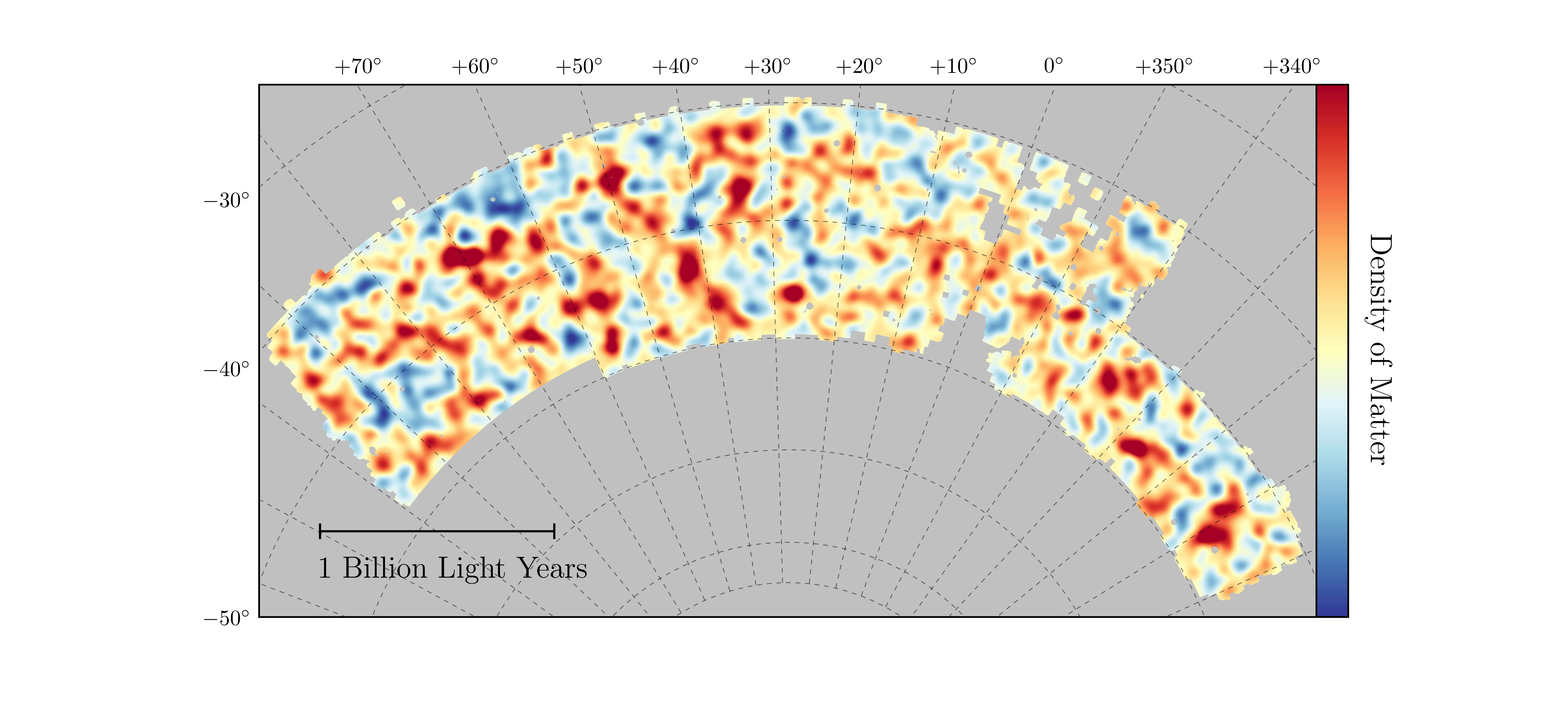 Map of dark matter made from gravitational lensing measurements of 26 million galaxies in the Dark Energy Survey. The map covers about 1/30th of the entire sky and spans several billion light years in extent. Red regions have more dark matter than average, blue regions less dark matter. Image credit: Chihway Chang of the Kavli Institute for Cosmological Physics at the University of Chicago, and the DES collaboration. (OSC)