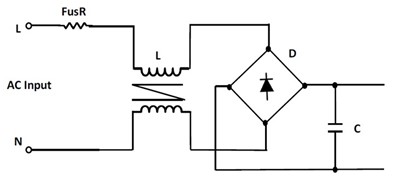 Figure 2. Power supply/charger circuit using a fusible resistor for overcurrent protection and inrush current limitation. Source: Littelfuse
