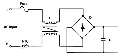 Figure 3. Power supply/charger circuit using a fuse for overcurrent protection and an NTC thermistor for inrush current limitation (if needed). Source: Littelfuse