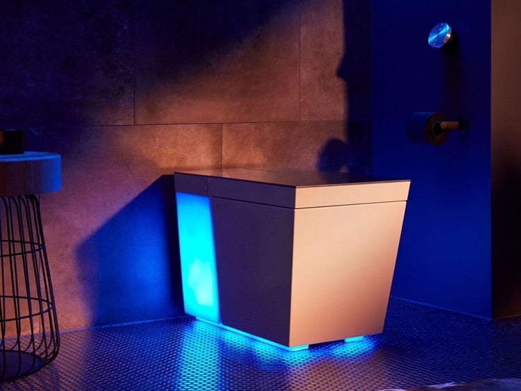 This toilet has illuminated lighting, warm seats and speakers to play music and get the news. Source: Kohler 