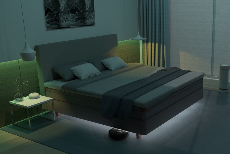 DUX debuted a smart system that integrates with its bed to play music, set mood lighting and create themes for sleep. Source: DUX