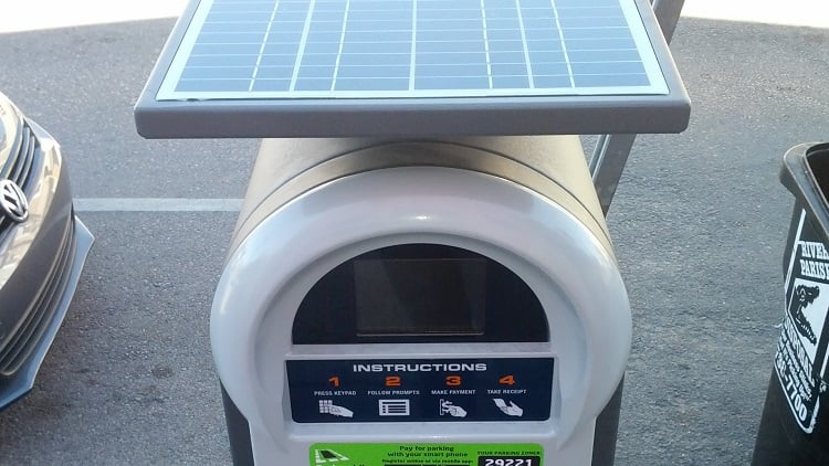 A solar parking meter in New Orleans, Louisiana. Smart meters are likely to grow in importance in smart cities as energy harvesting solutions become a meaningful expansion in IoT. Source: Eric Fischer/CC BY 2.0/Wikimedia 