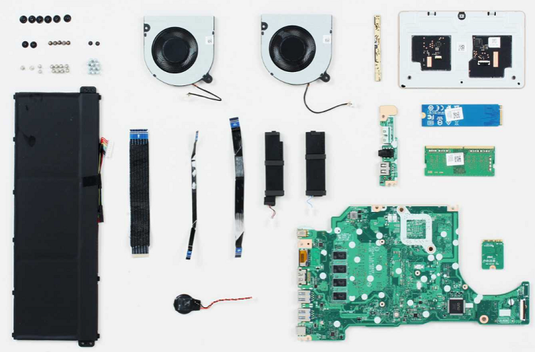 The main components found inside the Acer Aspire National Geographic notebook. Source: TechInsights