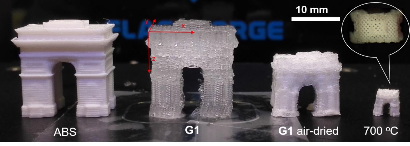 An example from the research shows how a 3-D-printed object composed of hydrogel (G1) can change size after printing. Source: Chenfeng Ke