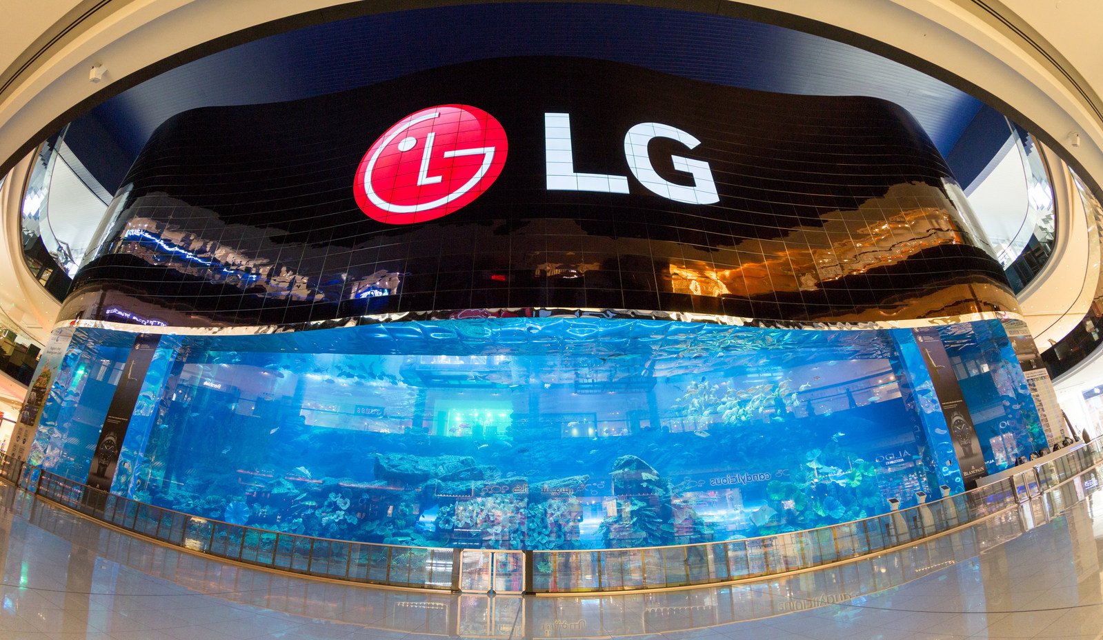 LG Electronics Business Solutions unveiled the world's largest OLED screen and world's largest high-definition video wall. Located at the Dubai Aquarium in the Dubai Mall adjacent to the Burj Khalifa, the mega-sized video wall was created using 820 Open Frame LG OLED digital signage panels. Source: LG Electronics