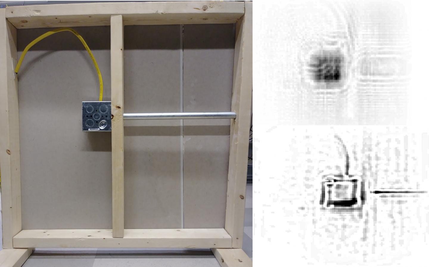A view of a microwave scan of a typical wall interior before and after distortions have been removed. By taking into account the types of distortions typically created by flat, uniform walls, the new algorithm allows for better scans without needing to know what the wall is made of beforehand. Source: Daniel Marks, Duke University