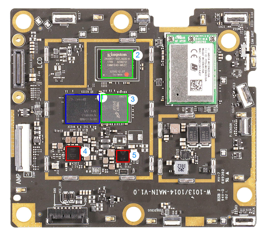 Lenovo Smart Display main PCB. Highlights in the photo above include (1) Qualcomm apps processor; (2) Kingston Technology flash memory (4GB); (3) Micron Technology SDRAM (2 GB); (4) and (5) Qualcomm power management ICs. Source: IHS Markit
