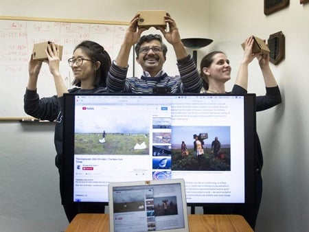 The project team for research on VR in journalism. At center is Prof. S. Shyam Sundar. Image credit: Patrick Mansell