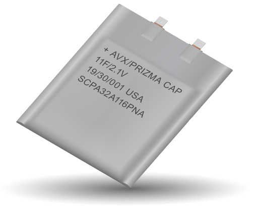 Figure 1. AVX’s new extremely flat form factor, wide-temperature range PrizmaCap supercapacitor. Source: AVX Corp.