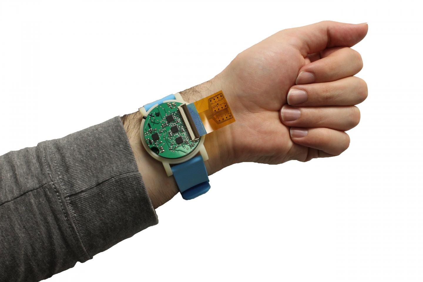 The metabolite monitoring device, shown here, is the size of a wristwatch. The sensor strip, which sticks out in this photo, can be tucked back, lying between the device and the user's skin. Source: Murat Yokus, North Carolina State University