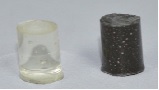 A transparent piece of epoxy, left, compared to epoxy with e-waste reinforcement at right. Courtesy Ajayan Research Group