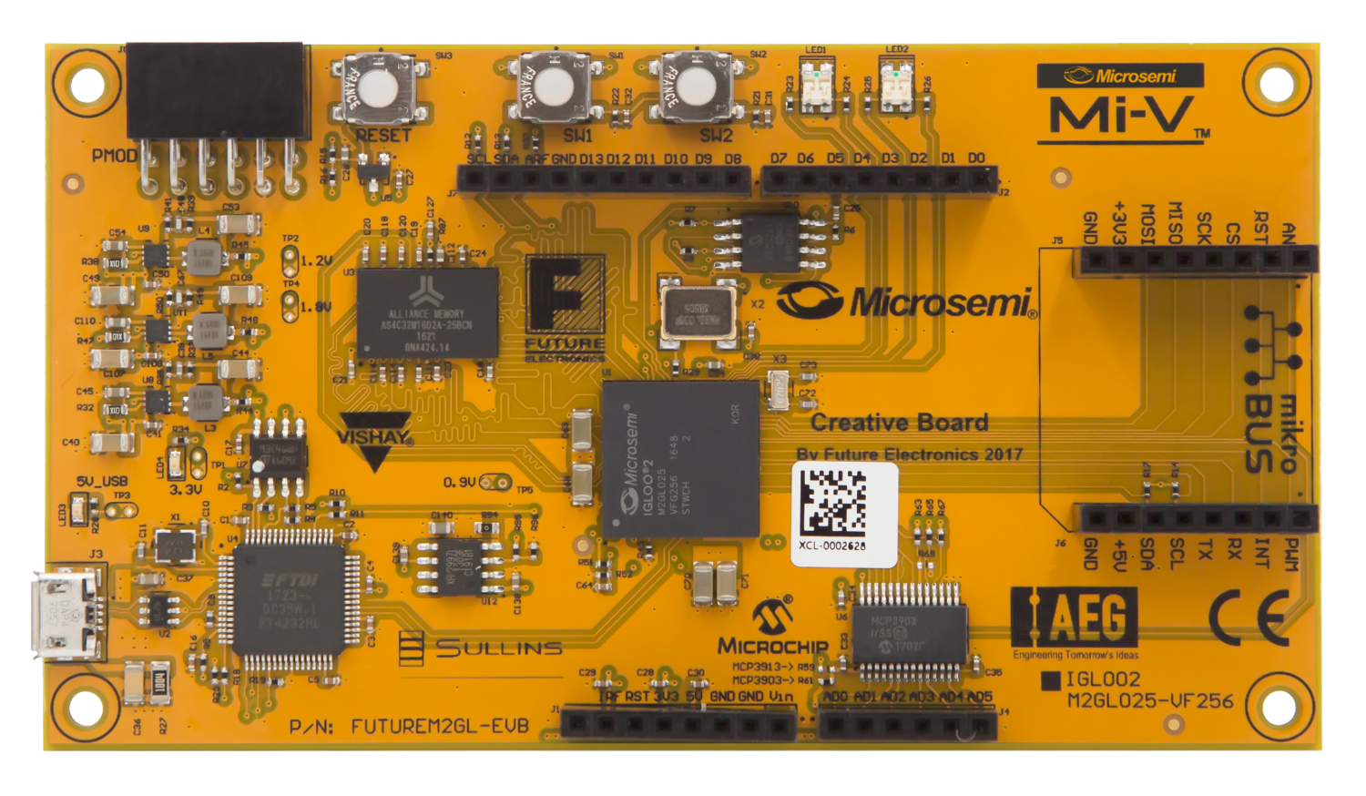 RISC-V soft CPU cores can be implemented on FPGA boards like Microsemi’s 25K LUT IGLOO2 RISC-V Creative Development Board. Source: Microsemi