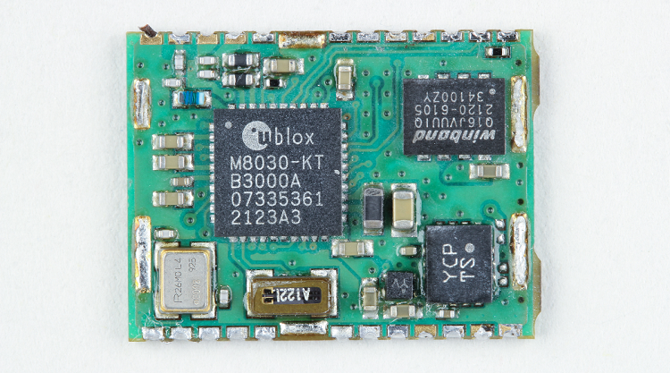 The GPS board contains the connectivity and power management ICs needed for communications with external components as well as inside the Tesla Model Y. Source: TechInsights