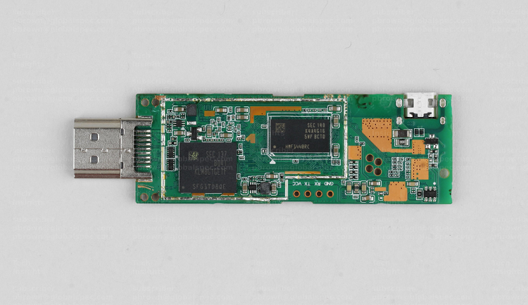 The main board of the Xiaomi Mi TV Stick is the main processing center for the consumer streaming device including chips from Amlogic and memory from Samsung. Source: TechInsights
