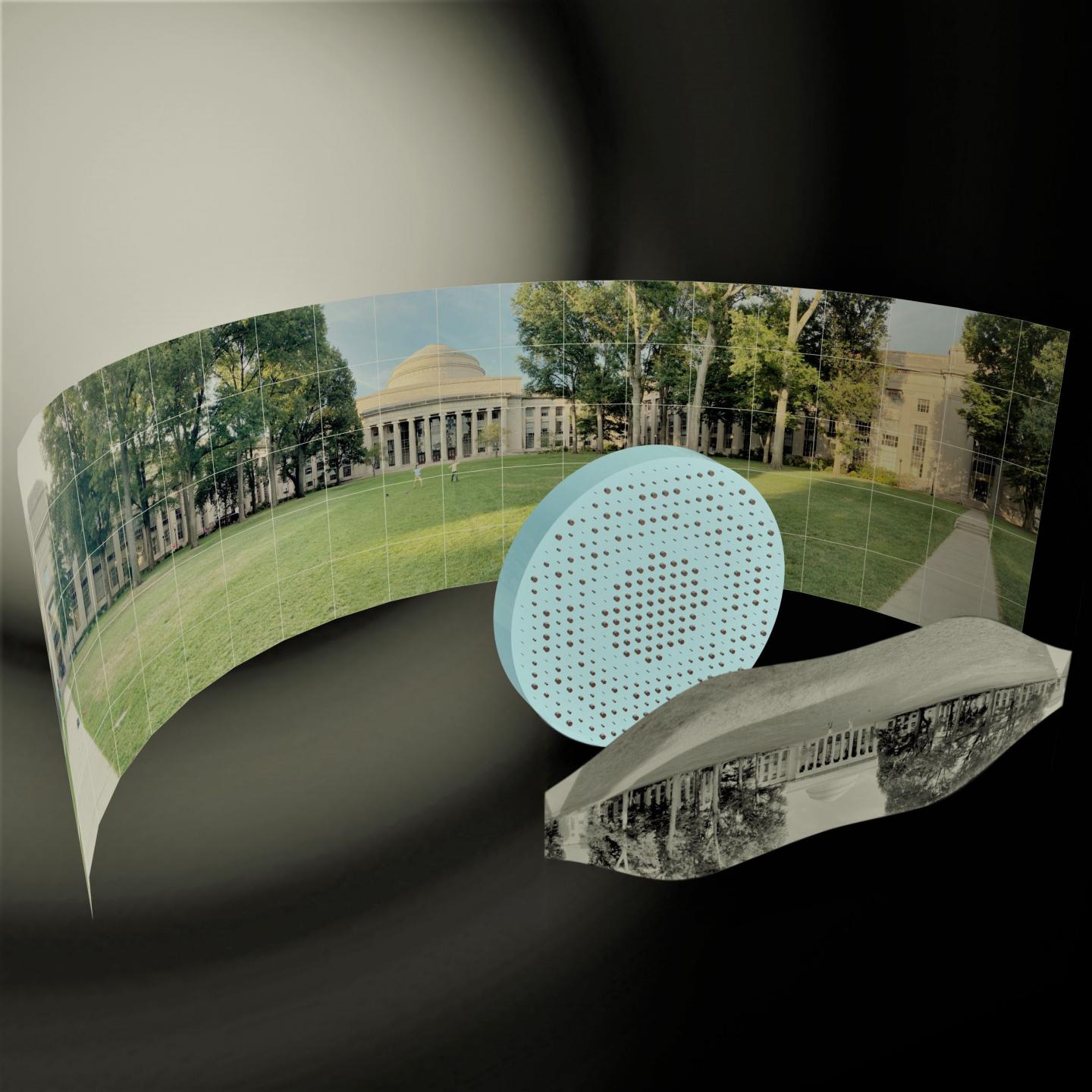 3D artistic illustration of the wide-field-of-view metalens capturing a 180° panorama of MIT's Killian Court and producing a high-resolution monochromatic flat image. Source: Mikhail Shalaginov, Tian Gu, Christine Daniloff, Felice Hankel, Juejun Hu