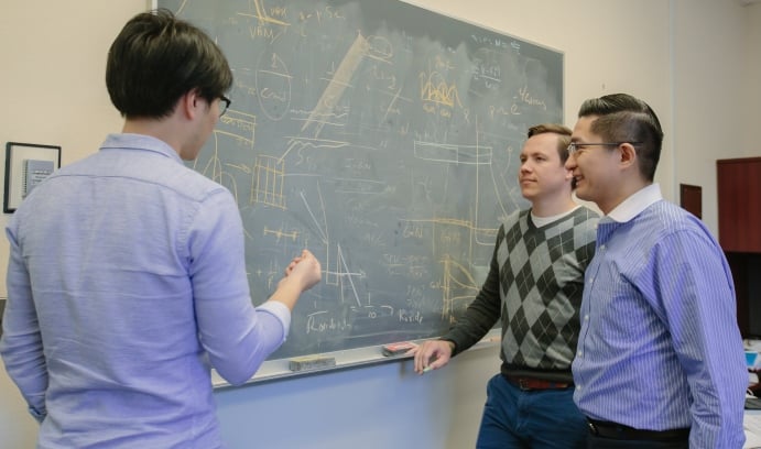 Researchers Guosong Zeng, with Brandon Krick and Nelson Tansu (from left). Studies found that GaN’s wear resistance exceeds sapphire and approaches that of diamonds. Source: Christa Neu/Lehigh University