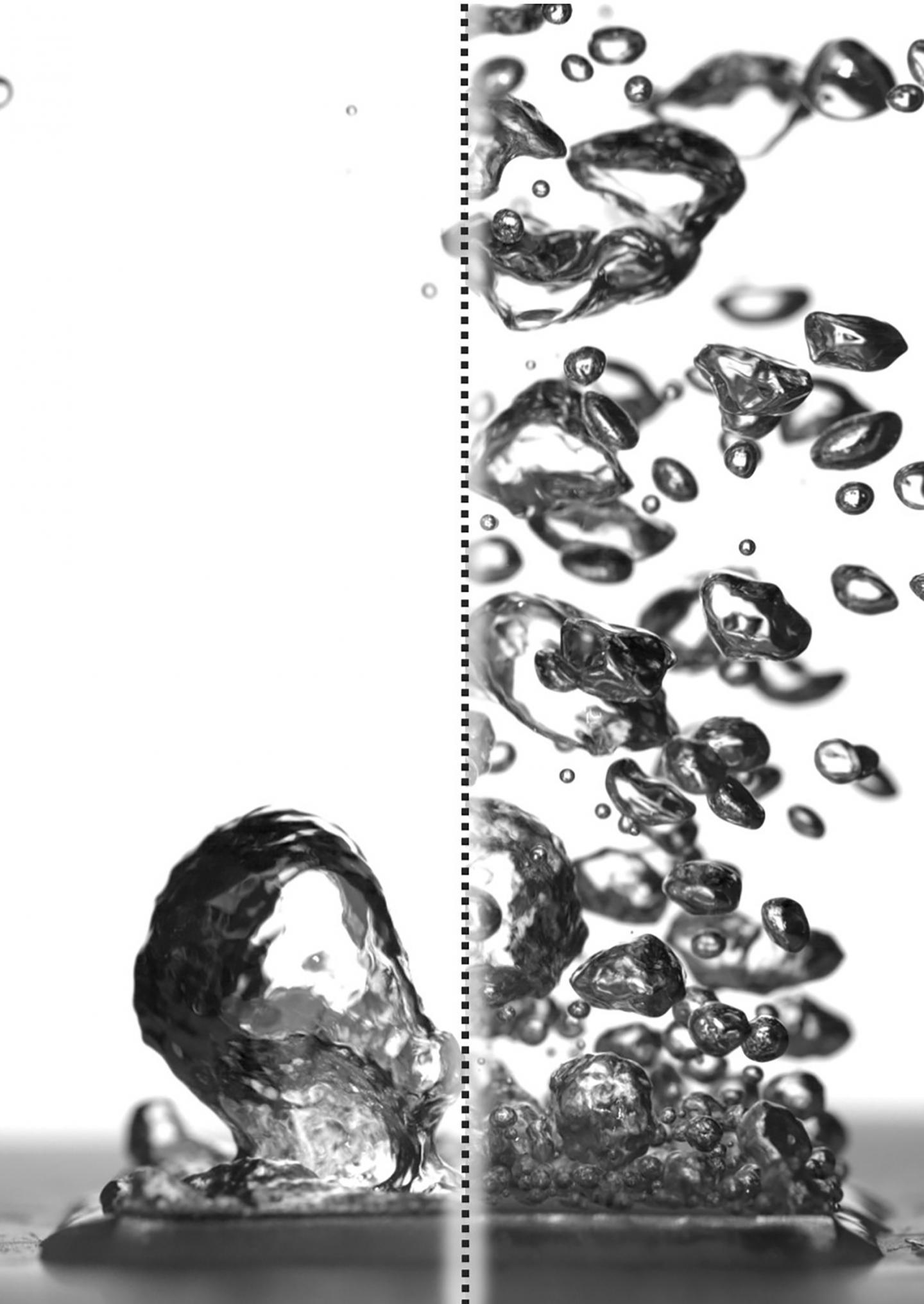 Superhydrophobic surfaces are normally insulated by vapor when brought to a boil (left), but getting water to stick makes them boil very efficiently (right), better than hydrophilic surfaces. (Source: Purdue University image/Taylor Allred)
