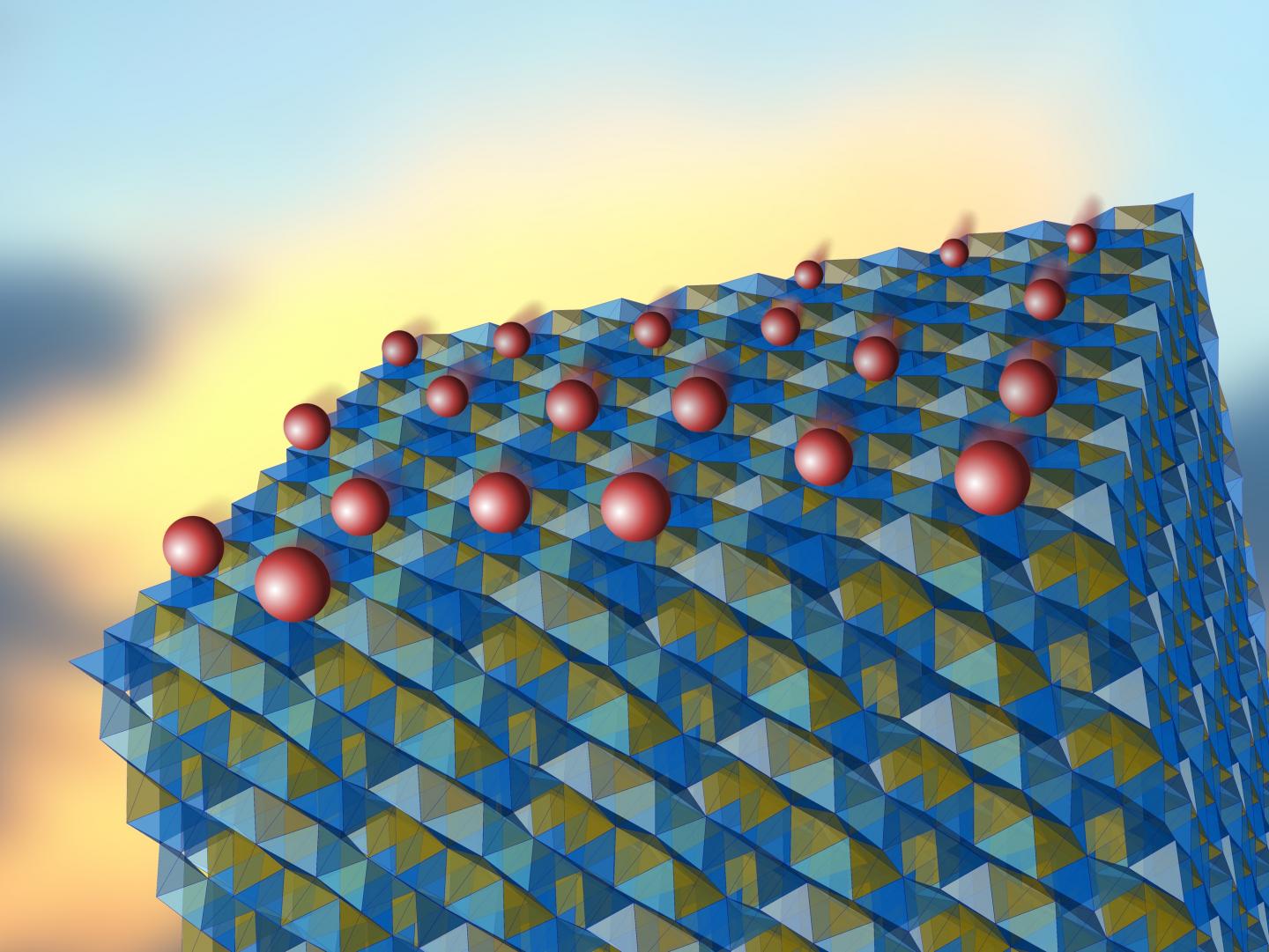 Lithium amide-borohydride is a promising candidate for a solid electrolyte. The crystalline structure of this material consists of two sub-lattices, shown in different colors. Under appropriate conditions, lithium ions (red), normally found in the elementary cells of only one sub-lattice (yellow), move to the empty cells of the second sub-lattice (blue) where they can freely propagate.(IFJ PAN)