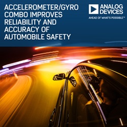Analog Devices has launched a pair of inertial sensors targeting automotive safety applications. The devices integrate an electronic gyroscope with a two-axis or three-axis accelerometer. Image source: Analog Devices, Inc.
