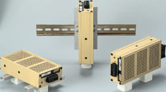 Figure 4. The DIN rail can also accommodate larger supplies, such as the Acopian narrow-profile switching family, which delivers up to 120 W with forced-air convection cooling. Source: Acopian