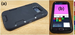 (left) The phone is facing down while the screen flashes different colors and the camera captures images of the reflected light. (right) The user interface shows the main light source and the captured images. Source: University of St. Andrews