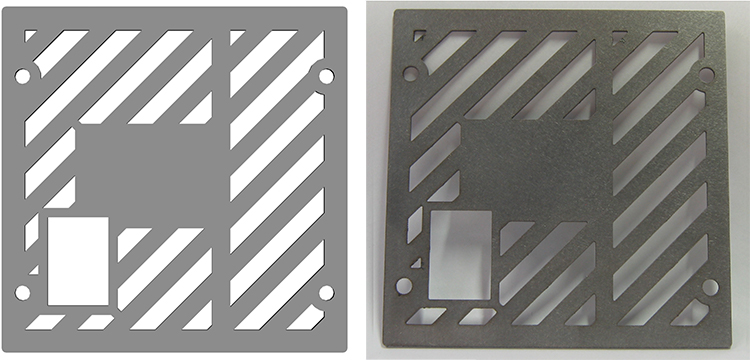 An example of the correspondence between machinery technologies. A CAD model for a metal part is seen on top of the manufactured part, which is produced by laser cutting from 0.5 mm-thick stainless steel. Source: Epilog 
