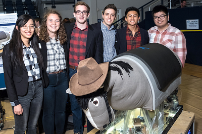 Rice University students presented their version of a mechanical horse for hippotherapy at the George R. Brown Engineering Design Showcase, where they won an Excellence in Capstone Engineering Design Award. Source: Jeff Fitlow