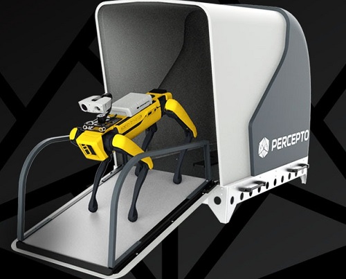 The Percepto Base for Spot serves as a home base for Spot to provide autonomous cycles for outdoor inspections and keep the robot from extreme weather conditions and safe from damage or theft. Source: Percepto