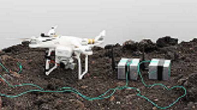 The drone alongside the silver 'dragon eggs' at the top of Italy’s Stromboli volcano. Source: University of Bristol