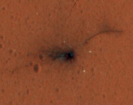 Figure 1. The crater caused by the crash of the Schiaparelli Mars lander on Oct. 19, 2016. Photo: NASA's Mars Reconnaissance Orbiter, Nov. 1, 2016. Credit: NASA/JPL-Caltech/Univ. of Arizona  